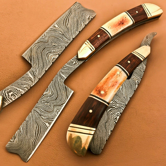 Superb Custom Damascus Steel Folding Handmade Razors Natural Wood & Camel Bone - SUSA KNIVES