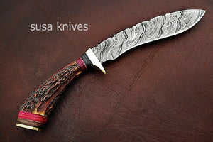 Custom Handmade Damascus Steel Kukri Style Hunting Knife with Stag Handle - SUSA KNIVES