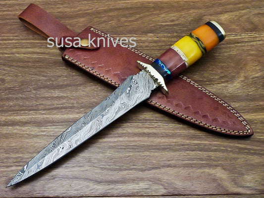 Stunning CUSTOM HAND FORGED DAMASCUS DAGGER HUNTING KNIFE CAMEL BONE - SUSA KNIVES