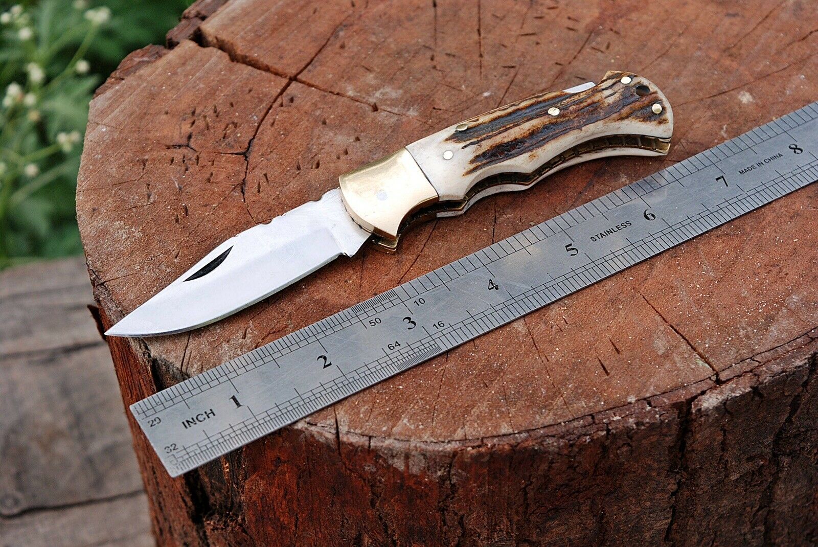 HAND FORGED D2 STEEL BackLock Folding Knife W/Stag & Brass Bolster Handle - SUSA KNIVES