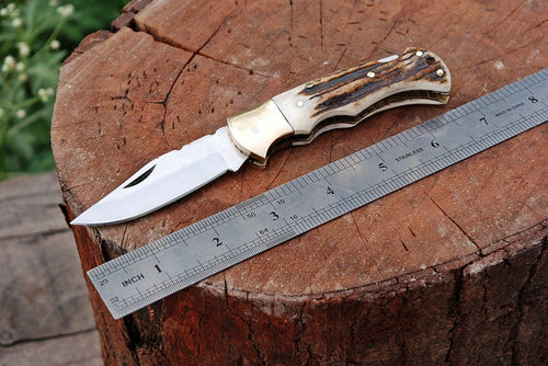 HAND FORGED D2 STEEL BackLock Folding Knife W/Stag & Brass Bolster Handle - SUSA KNIVES