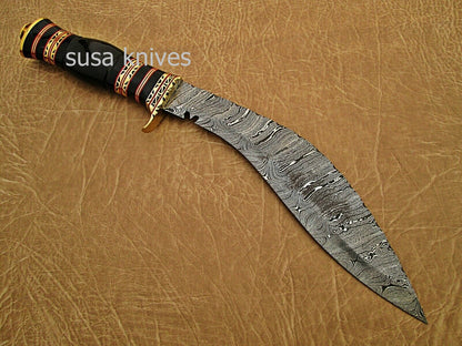 Damascus steel hunting Kukri knife BRASS GUARD Buffalo Horn. - SUSA KNIVES