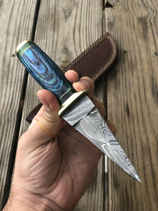 CUSTOM HAND FORGED DAMASCUS STEEL BOOT KNIFE W/ Wood - SUSA KNIVES