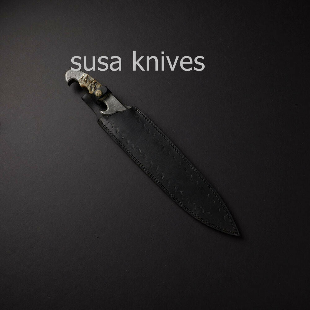 CUSTOM HANDMADE DAMASCUS BOWIE KNIFE WITH LEATHER SHEATH - SUSA KNIVES