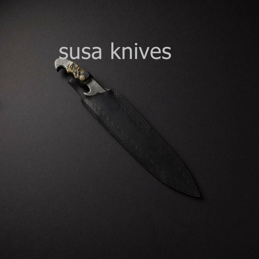 CUSTOM HANDMADE DAMASCUS BOWIE KNIFE WITH LEATHER SHEATH - SUSA KNIVES