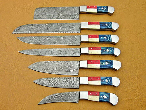 Set Of 7 Beautiful Handmade Damascus Steel Chef Knives With Leather Bag - SUSA KNIVES