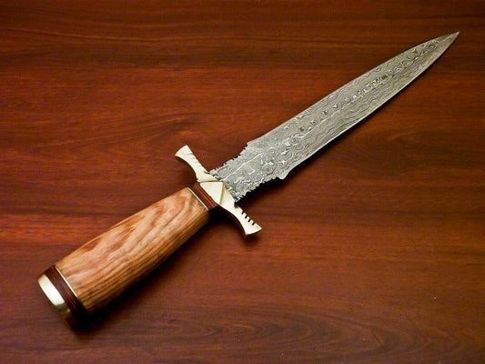 Custom Handmade Damascus Steel Dagger Knife | Sheath | Natural Olive Wood Handle - SUSA KNIVES