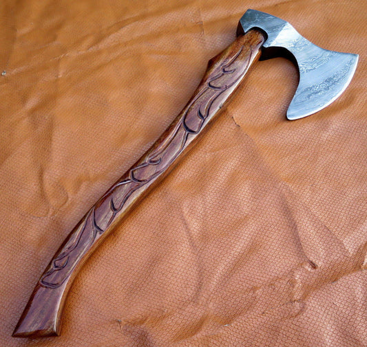 HANDMADE CARVED HANDLE DAMASCUS STEEL VIKING AXE WITH SHEATH - SUSA KNIVES