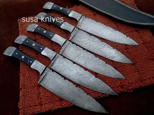 CUSTOM HAND MADE DAMASCUS STEEL CHEF KNIVES SET. (LOT OF 5) - SUSA KNIVES