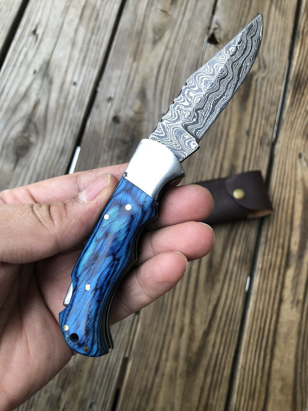 HAND FORGED DAMASCUS STEEL BackLock Folding Knife W/Stained Wood & Steel Handle - SUSA KNIVES