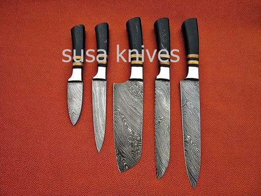 CUSTOM MADE DAMASCUS BLADE 5Pcs. CHEF/KITCHEN KNIVES SET - SUSA KNIVES