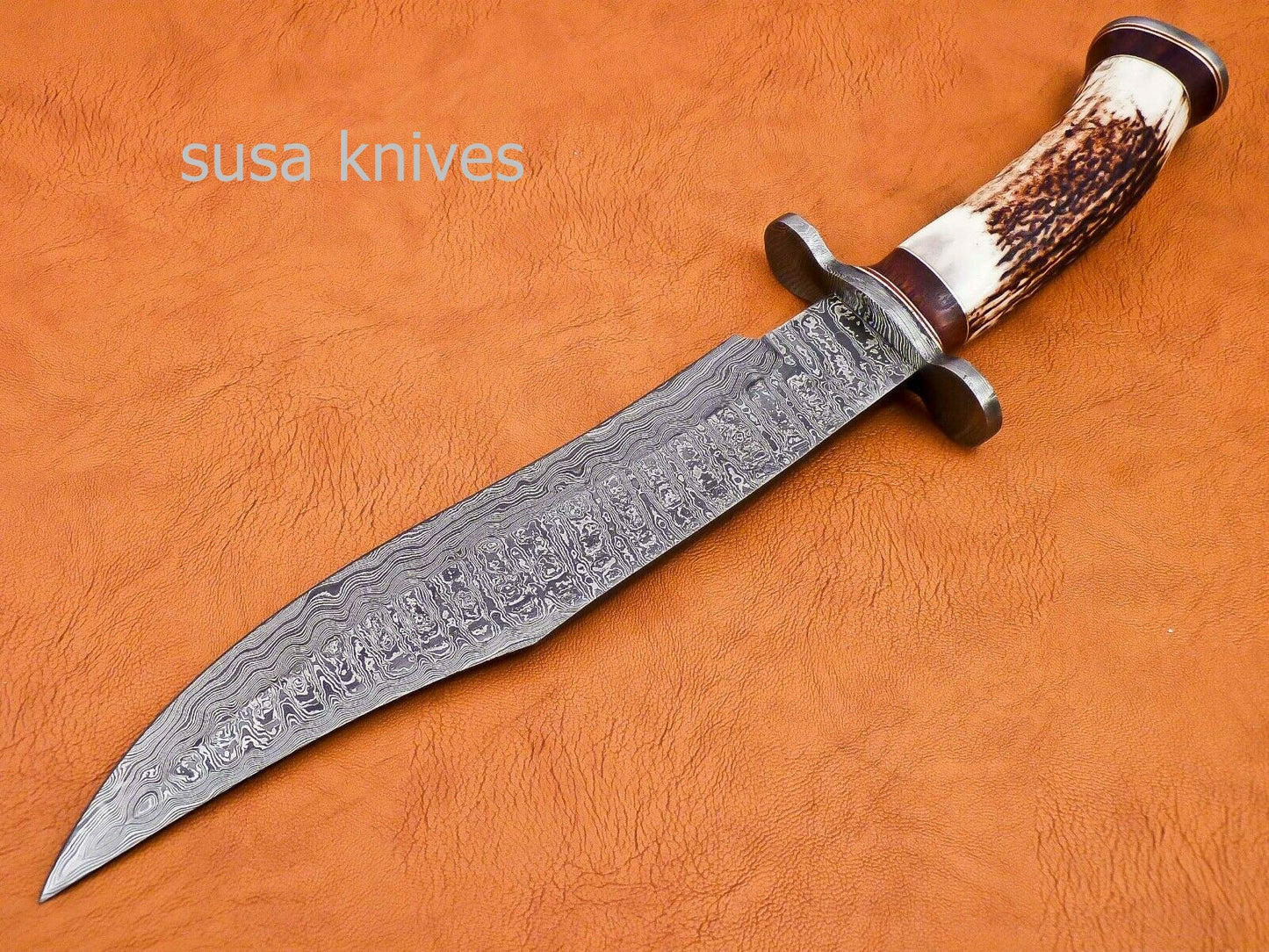 Handmade Damascus Steel Bowie Knive - Stag & Rose Wood Handle - SUSA KNIVES