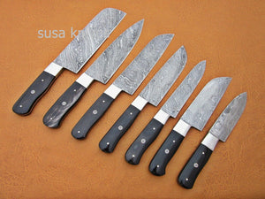 CUSTOM HANDMADE DAMASCUS STEEL CHEF SET/KITCHEN KNIVES 7 PCS ,BUFFALO HORN - SUSA KNIVES