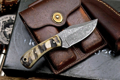 Handmade Raindrop Damascus Custom Sheep Horn Small Skinning Hunting Knife - SUSA KNIVES