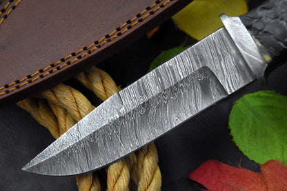 CUSTOM HANDMADE DAMASCUS STEEL RAM HORN LOVELESS STYLE CHUTE KNIFE WITH SHEATH - SUSA KNIVES