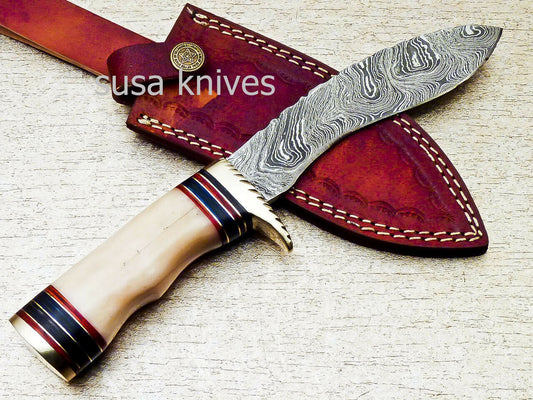 HAND FORGED DAMASCUS 9.5" KUKRI KNIFE WITH CAMEL BONE HANDLE - SUSA KNIVES