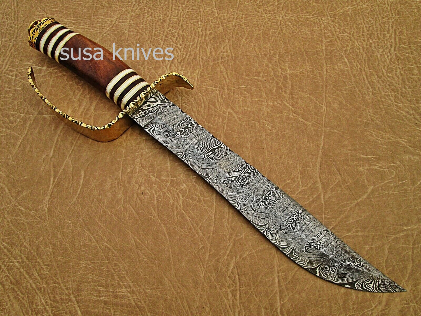 Beautiful Handmade Damascus Steel Hunting Bowie Knife Camel Bone wood Handle - SUSA KNIVES