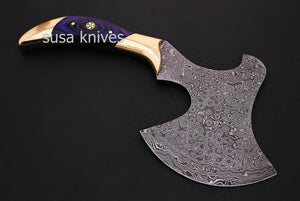 CUSTOM HANDMADE DAMASCUS STEEL CAMPING AXE WITH LEATHER SHEATH - SUSA KNIVES