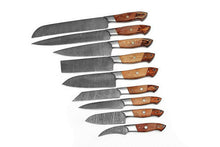 Load image into Gallery viewer, Set Of 9 Beautiful Handmade Damascus Steel Chef Knives With Leather Bag - SUSA KNIVES
