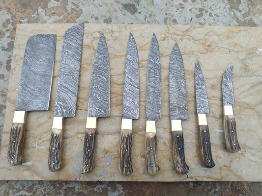 Damascus Steel Antler Horn Grip Chef Kitchen Knives Professional Set of 8 Knives - SUSA KNIVES