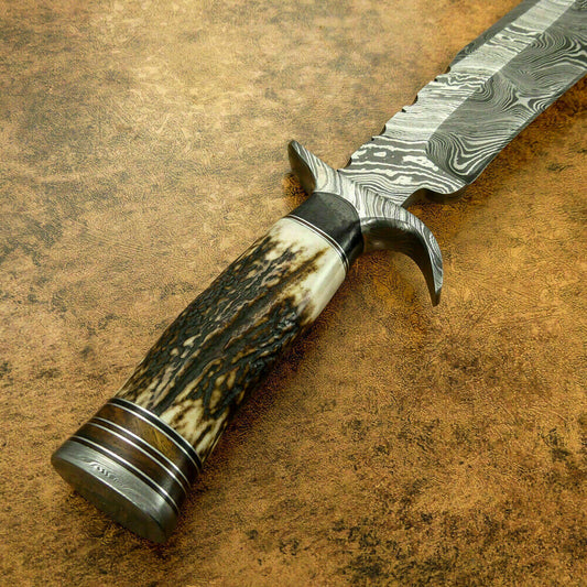CUSTOM DAMASCUS BOWIE HUNTING KNIFE - DAMASCUS GUARD - STAG ANTLER HANDLE - SUSA KNIVES