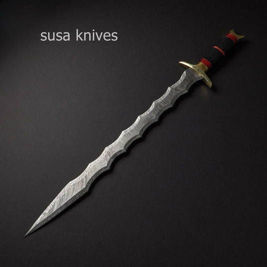 CUSTOM HANDMADE 28.5inches DAMASCUS STEEL KRIS BLADE SWORD WITH LEATHER SHEATH - SUSA KNIVES