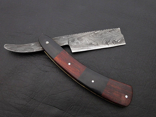 BEAUTIFUL CUSTOM HANDMADE DAMASCUS SHAVING RAZOR HANDLE ROSE WOOD & BULL HORN - SUSA KNIVES