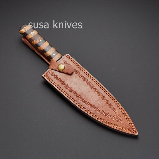 OLIVE,ROSE WOOD,CUSTOM HANDMADE DAMASCUS STEEL KITCHEN/CHEF KNIVES WITH LEATHER - SUSA KNIVES