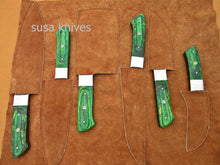 Load image into Gallery viewer, CUSTOM HANDMADE DAMASCUS STEEL CHEF SET/KITCHEN KNIVES 6 PCS ,GREEN MICARTA - SUSA KNIVES
