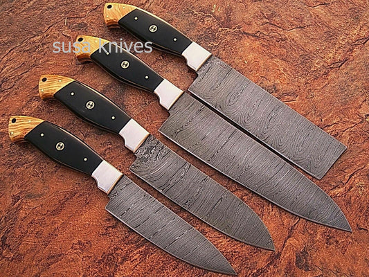 CUSTOM MADE DAMASCUS BLADE 4Pcs. CHEF/KITCHEN KNIVES SET - SUSA KNIVES
