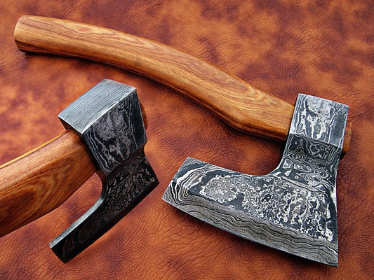 HANDMADE DAMASCUS STEEL TACTICAL HATCHET AXE WALNUT WOOD WITH LEATHER SHEATH - SUSA KNIVES