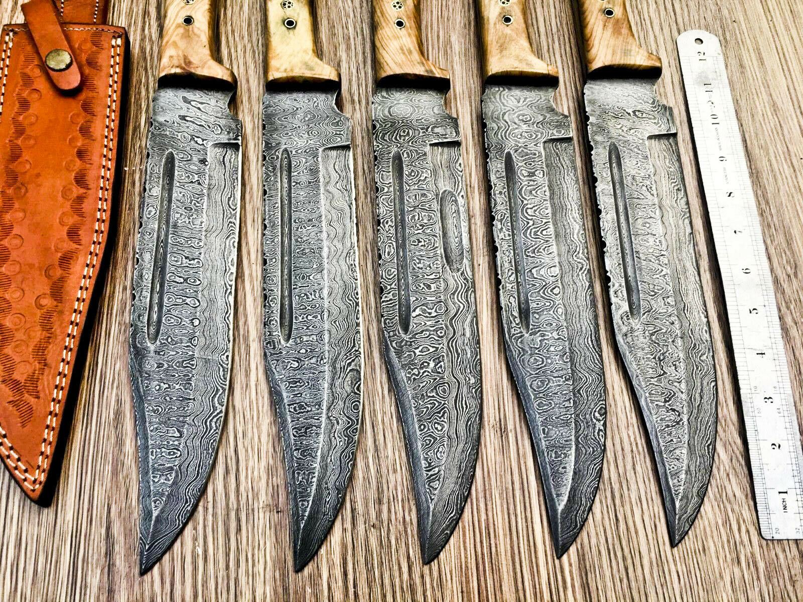 Lot of 5 Handmade Damascus Steel Bowie Knives & Sheaths | Olive Wood Handle - SUSA KNIVES