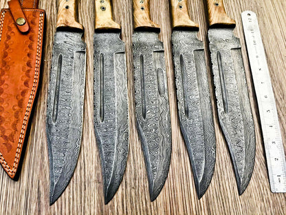 Lot of 5 Handmade Damascus Steel Bowie Knives & Sheaths | Olive Wood Handle - SUSA KNIVES