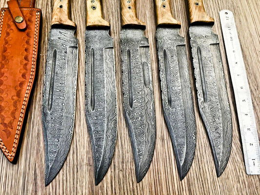 Lot of 5 Handmade Damascus Steel Bowie Knives & Sheaths | Olive Wood Handle - SUSA KNIVES