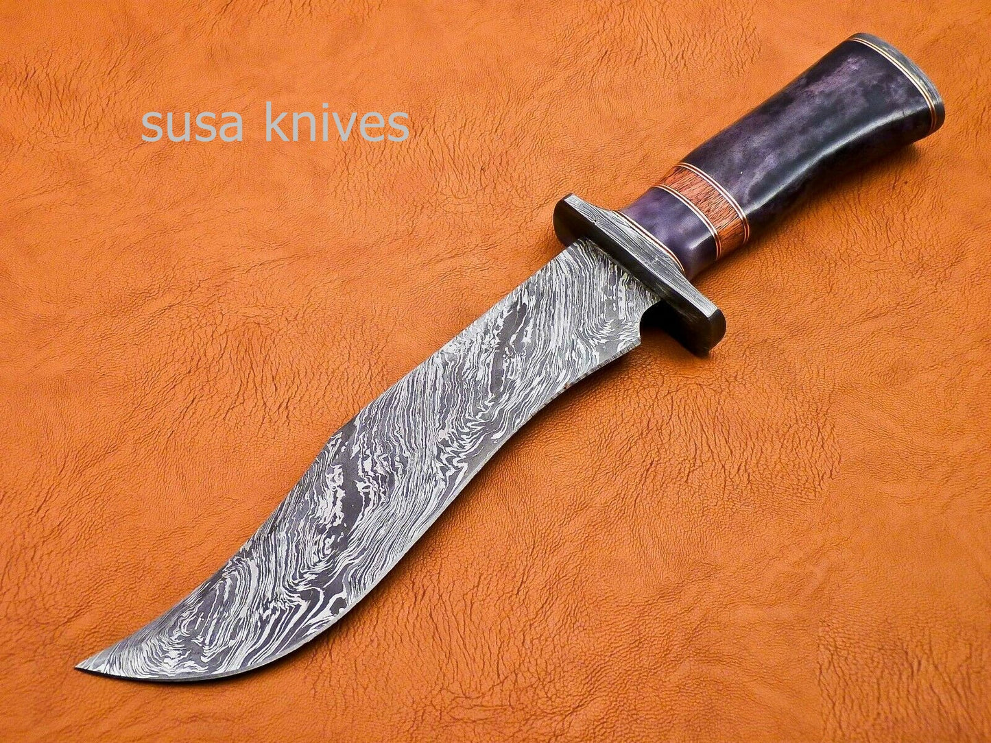 Handmade Damascus Steel Bowie Knive - Cammel Bone & Rose Wood Handle - SUSA KNIVES