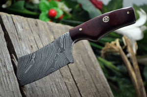 MINI POCKET CLEAVER HAND FORGED DAMASCUS STEEL CUSTOM HUNTING KNIFE WITH SHEATH - SUSA KNIVES