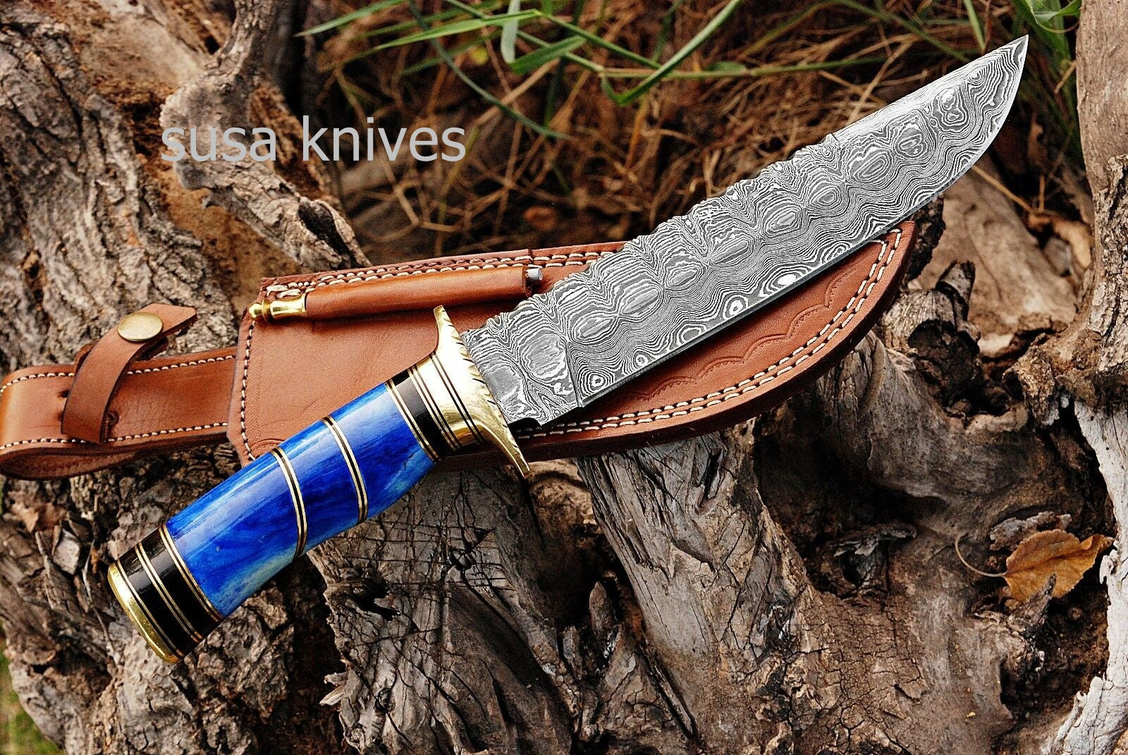 DAMASCUS STEEL BLADE HUNTING BOWIE KNIFE,DYED BONE HANDLE .,OVERALL 12.75"INCH - SUSA KNIVES