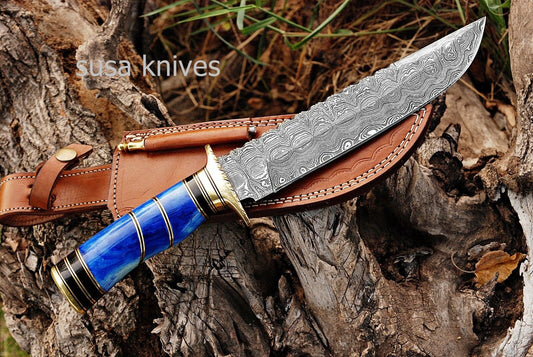 DAMASCUS STEEL BLADE HUNTING BOWIE KNIFE,DYED BONE HANDLE .,OVERALL 12.75"INCH - SUSA KNIVES