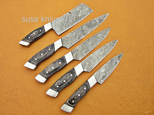CUSTOM HANDMADE DAMASCUS STEEL CHEF SET/KITCHEN KNIVES 5 PCSC BLACK MICARTA - SUSA KNIVES