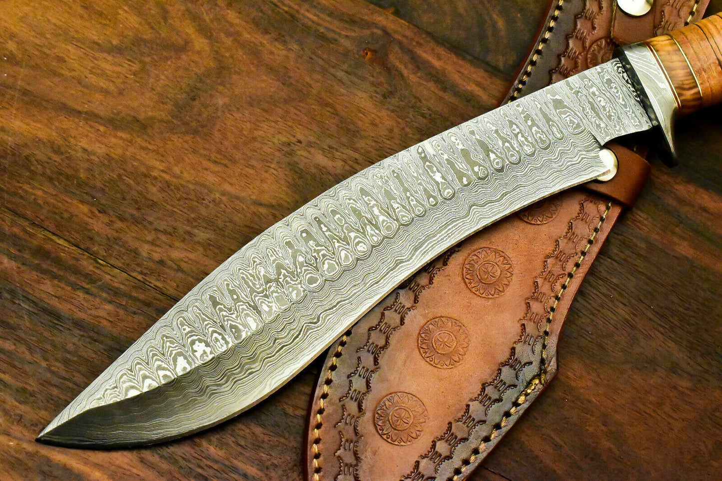 Custom Handmade Damascus Steel Bowie Knife | Sheath | Leather Roll Handle - SUSA KNIVES