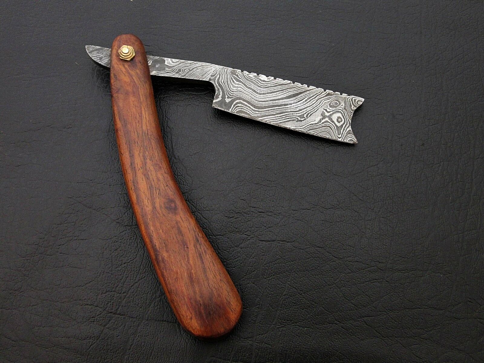 CUSTOM HANDMADE DAMASCUS STEEL BARBER FOLDING RAZOR ROSE WOOD HANDLE WITH POUCH - SUSA KNIVES