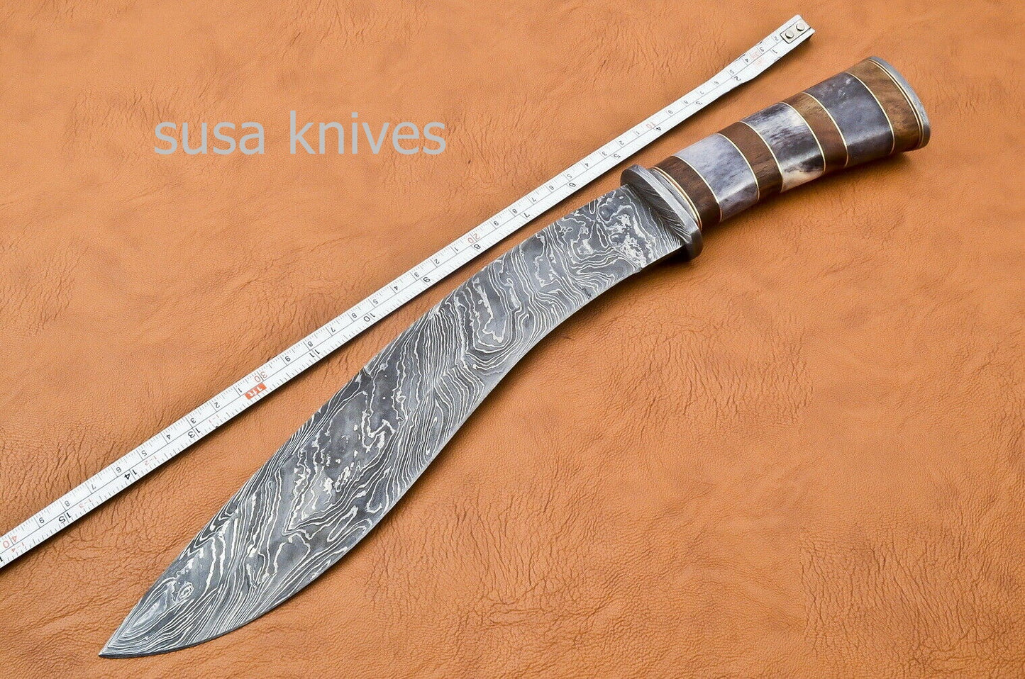 Handmade Damascus Steel Bowie Knive - Cammel Bone & Rose Wood Handle - SUSA KNIVES
