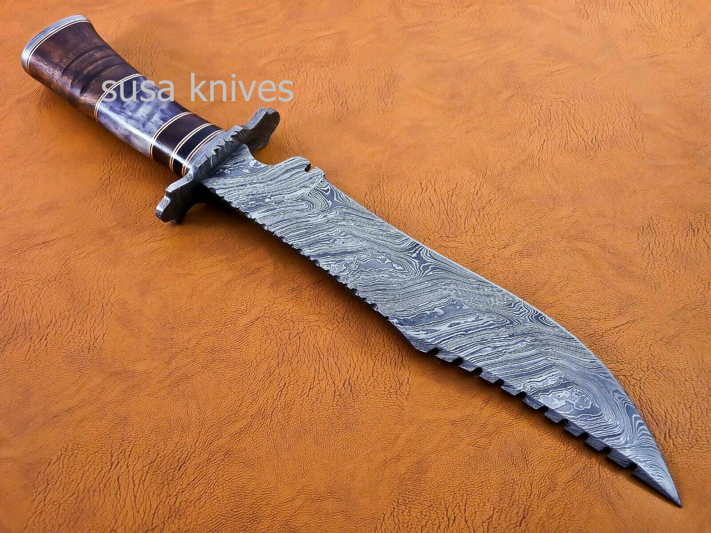 Handmade Damascus Steel Bowie Knive - Cammel Bone & Rose Wood Handle - SUSA KNIVES