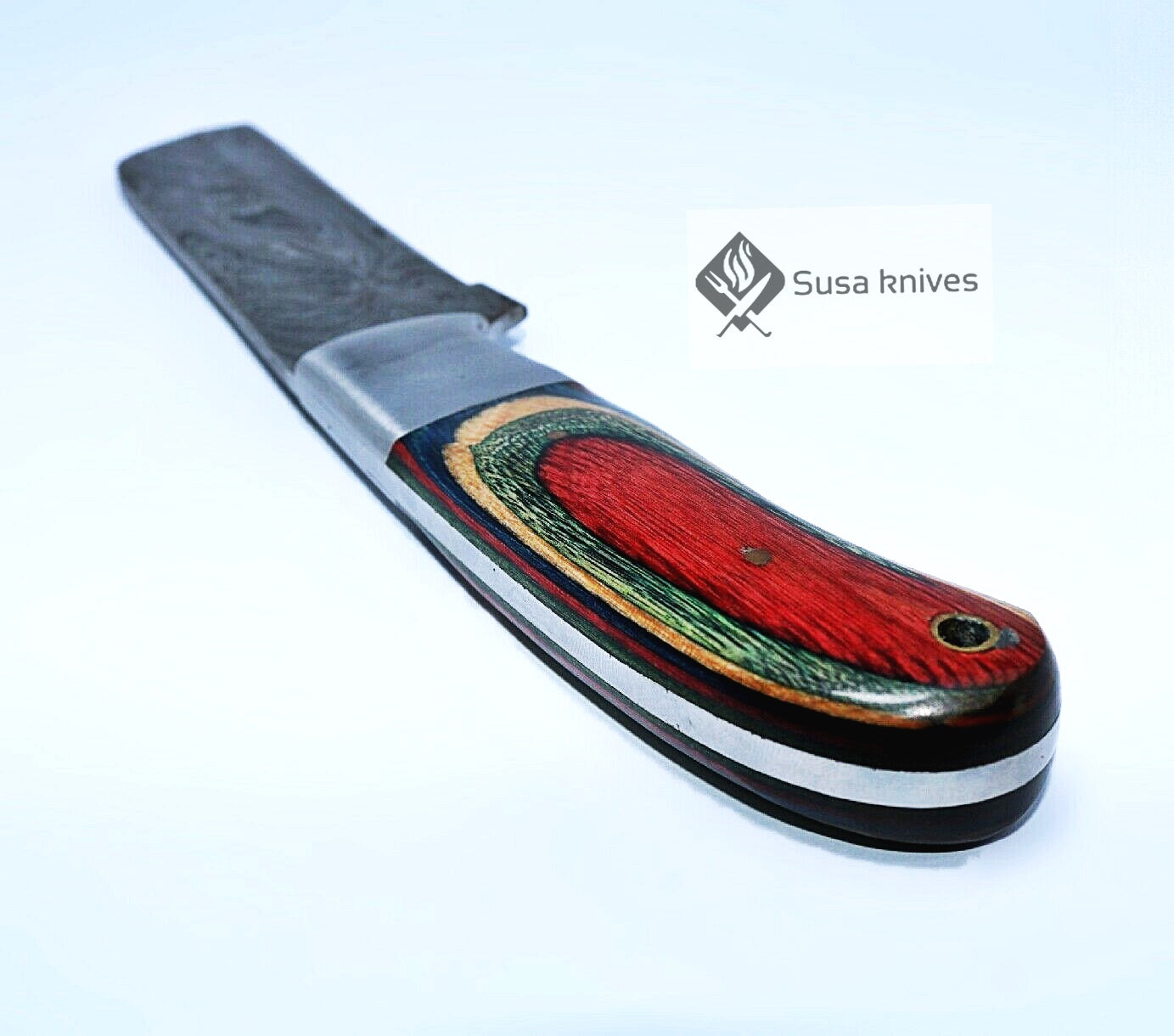 HAND FORGED DAMASCUS STEEL BULL CUTTER/COWBOY KNIFE & PUKKA WOOD HANDLE - SUSA KNIVES