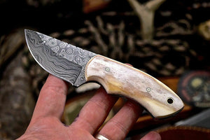 Handmade Raindrop Damascus Custom Camel Bone Small Skinning Utility Knife - SUSA KNIVES