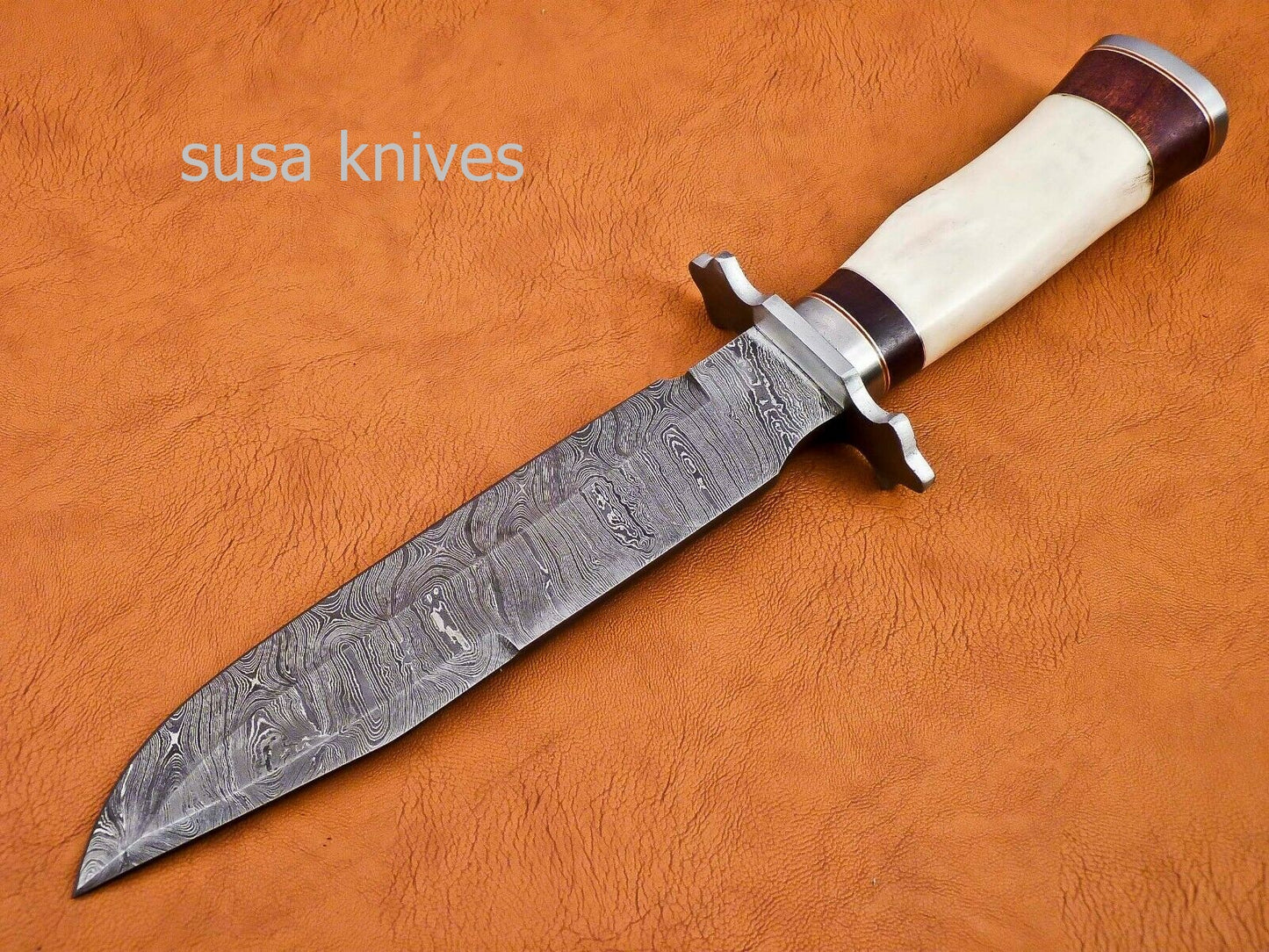 Handmade Damascus Steel Bowie Knive - Cammel Bone & Rose Wood Handle - SUSA KNIVES