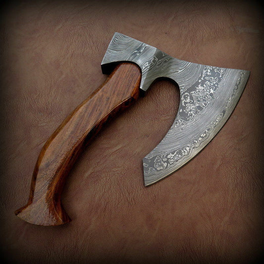 CUSTOM HAND FORGED DAMASCUS STEEL WALNUT WOOD TOMAHAWK AXE WITH LEATHER SHEATH - SUSA KNIVES