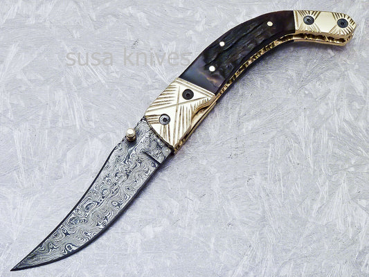 SUPERB CUSTOM HANDMADE DAMASCUS STEEL POCKET FOLDING KNIFE LINER LOCK - SUSA KNIVES