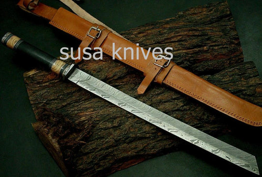 Custom Handmade Damascus Steel SWORD " Buffalo Horn Handle - SUSA KNIVES
