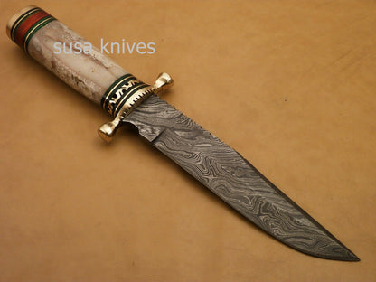 Custom Handmade Damascus Steel Hunting Bowie Knife with Colored Bone - SUSA KNIVES